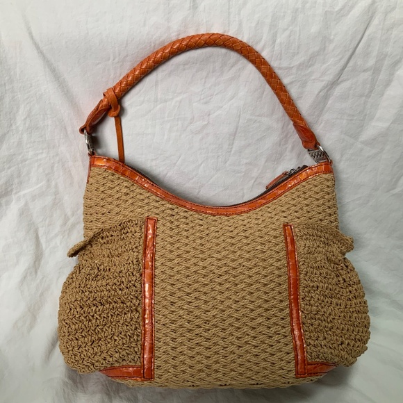 Woven Straw and Orange Patent Leather Brighton Bag - Picture 2 of 10